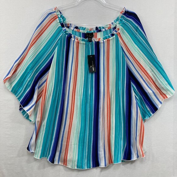 New Worthington size XL Colorful Striped Pleated Ruffle Blouse Romantic Vacation - Picture 1 of 9